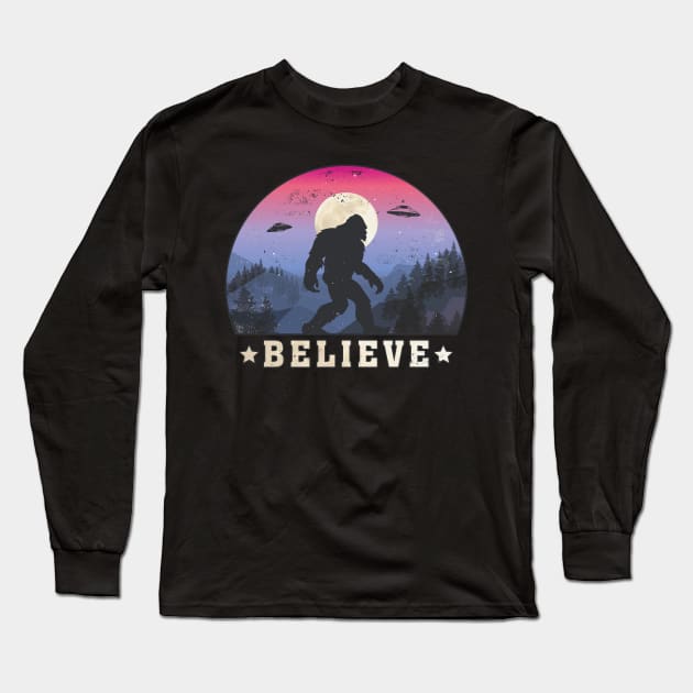 Bigfoot, Ufos "Believe" Funny Sasquatch Long Sleeve T-Shirt by FloraLi